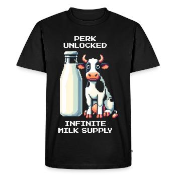 Perk: Infinite Milk | Cow & Mama Humor - Men's Premium Organic T-Shirt - black - Front - Nico (187cm)