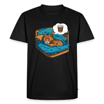 Cat Dreams of Coffee Comic Illustration - Men's Premium Organic T-Shirt - black - Front - Nico (187cm)