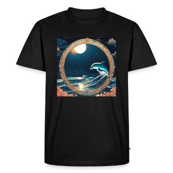 Dauphins, style anime, vague, nuit, cercle, or, peinture - T-shirt Premium bio Homme - noir - Devant - Nico (187cm)