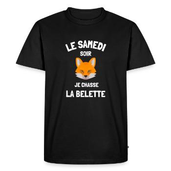 Samedi soir je chasse belette humour célibataire - T-shirt Premium bio Homme - noir - Devant - Nico (187cm)