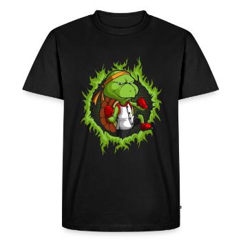 Tortue de Kung Fu avec fond de feu en demi-teinte - T-shirt Premium bio Homme - noir - Devant - Nico (187cm)