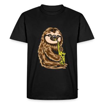 Jazz Sloth - saxophone playing sloth - Men's Premium Organic T-Shirt - black - Front - Nico (187cm)
