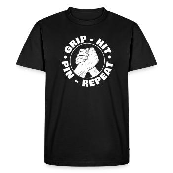 Pin Grip Hit Repeat pour Fan de Bras de Fer - T-shirt Premium bio Homme - noir - Devant - Nico (187cm)
