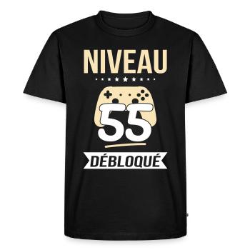Anniversaire 55 ans - Niveau 55 débloqué - Gamer - T-shirt Premium bio Homme - noir - Devant - Nico (187cm)