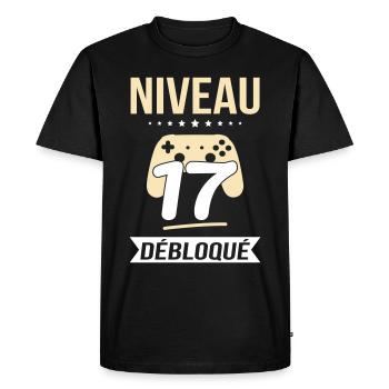 Anniversaire 17 ans - Niveau 17 débloqué - Gamer - T-shirt Premium bio Homme - noir - Devant - Nico (187cm)