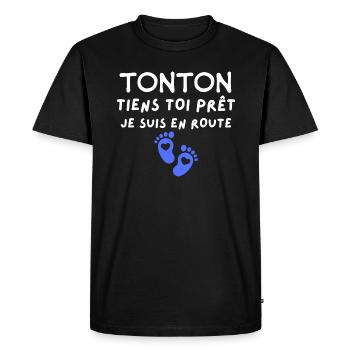 Annonce Grossesse Cadeau Tonton Bébé Arrive - T-shirt Premium bio Homme - noir - Devant - Nico (187cm)