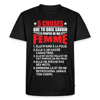 Mari Couple Cadeau Humour Personnalisé - T-shirt Premium bio Homme - noir - Devant - Nico (187cm)