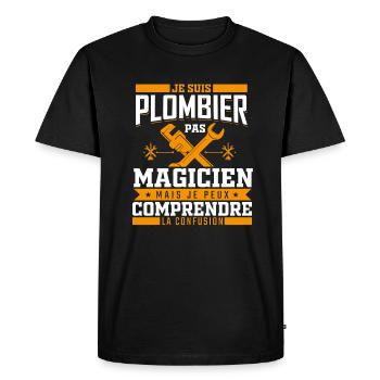 Plomberie | Plombier pas magicien - T-shirt Premium bio Homme - noir - Devant - Nico (187cm)