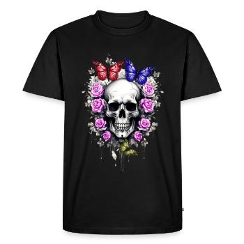 Crâne avec roses et papillons colorés - T-shirt Premium bio Homme - noir - Devant - Nico (187cm)