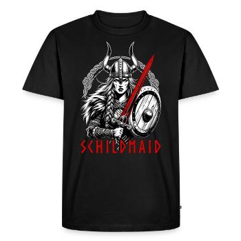 Jeune fille au bouclier viking avec épée, bouclier et casque - T-shirt Premium bio Homme - noir - Devant - Nico (187cm)