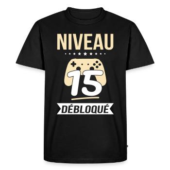 Anniversaire 15 ans - Niveau 15 débloqué - Gamer - T-shirt Premium bio Homme - noir - Devant - Nico (187cm)