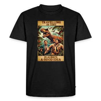 90s movie poster design Time travel T-Rex Humor - Men's Premium Organic T-Shirt - black - Front - Nico (187cm)