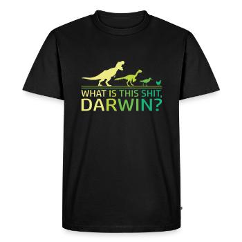 Drôle d’évolution Dino dinosaure Darwin T-Rex - T-shirt Premium bio Homme - noir - Devant - Nico (187cm)