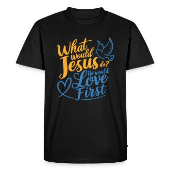 WWJD HWLF Jésus aimerait d’abord chrétien - T-shirt Premium bio Homme - noir - Devant - Nico (187cm)
