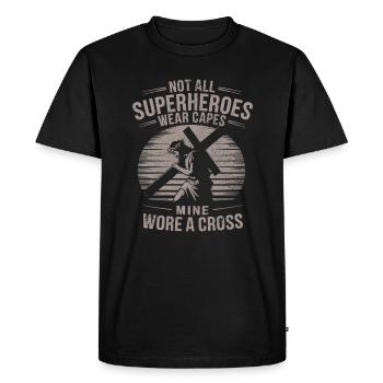 Tous les super-héros ne portent pas de capes, le mien portait une croix - T-shirt Premium bio Homme - noir - Devant - Nico (187cm)