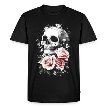 Crâne et os croisés avec des roses - T-shirt Premium bio Homme - noir - Devant - Nico (187cm)