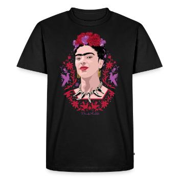 Frida Kahlo Portrait Mit Blüten In Lila Und Rot - Männer Premium Bio T-Shirt - Schwarz - Vorne - Nico (187cm)