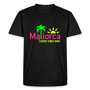 Majorque, bonnes vibrations seulement (palmier, soleil) - T-shirt Premium bio Homme - noir - Devant - Nico (187cm)