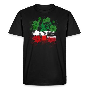 Femme Vie Liberté, Fleurs,Iran,Drapeau - T-shirt Premium bio Homme - noir - Devant - Nico (187cm)