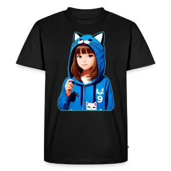 Jolie fille d’anime avec des chats à capuche - T-shirt Premium bio Homme - noir - Devant - Nico (187cm)