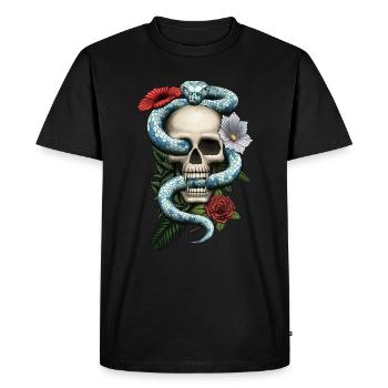 Crâne avec serpent et fleurs - T-shirt Premium bio Homme - noir - Devant - Nico (187cm)
