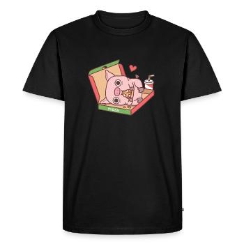 Cute Little Pig Eating Pizza In Pizza Box Funny - Men's Premium Organic T-Shirt - black - Front - Nico (187cm)