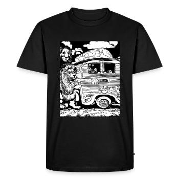 Lion in black and white around a caravan - Men's Premium Organic T-Shirt - black - Front - Nico (187cm)