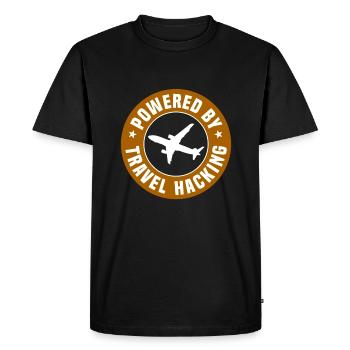 Powered by Travel Hacker - Men's Premium Organic T-Shirt - black - Front - Nico (187cm)