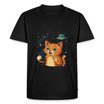 Space Cat with Alien UFO - Men's Premium Organic T-Shirt - black - Front - Nico (187cm)