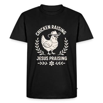 Des poulets tenant Jésus faisant l’éloge de l’humour des cow-boys - T-shirt Premium bio Homme - noir - Devant - Nico (187cm)