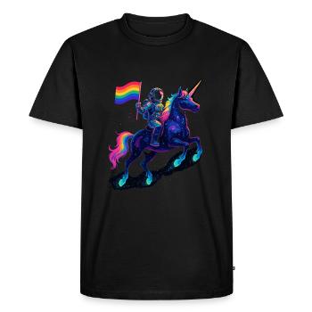 Astronaute sur licorne avec drapeau arc-en-ciel - T-shirt Premium bio Homme - noir - Devant - Nico (187cm)