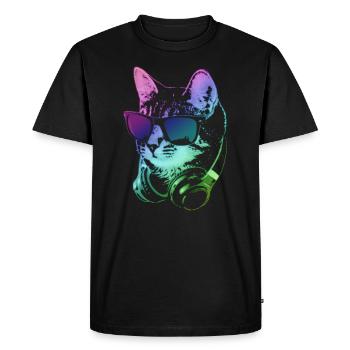 DJ Cat In Neon Lights - Men's Premium Organic T-Shirt - black - Front - Nico (187cm)