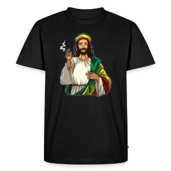 Rasta Jesus fume Weed - Cannabis Lord - Kiffer - T-shirt Premium bio Homme - noir - Devant - Nico (187cm)