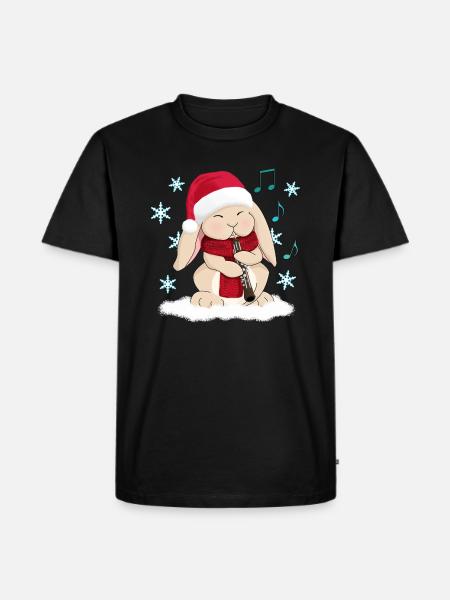 Christmas Oboe Playing Cartoon Rabbit in Santa Hat - Men's Premium Organic T-Shirt - black