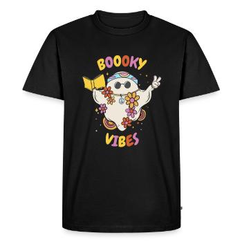 Reading Teacher Halloween Groovy Floral Ghost Book - Men's Premium Organic T-Shirt - black - Front - Nico (187cm)