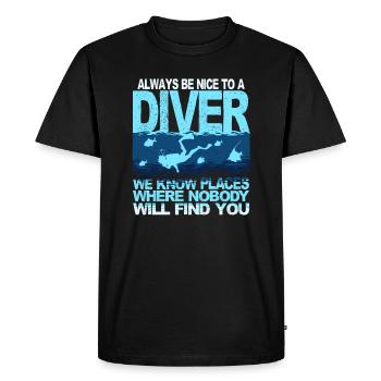 Drôles de plongeurs disant plongée en apnée en haute mer - T-shirt Premium bio Homme - noir - Devant - Nico (187cm)