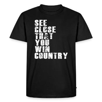 Saying: Denglish - See to it that you win land - Men's Premium Organic T-Shirt - black - Front - Nico (187cm)