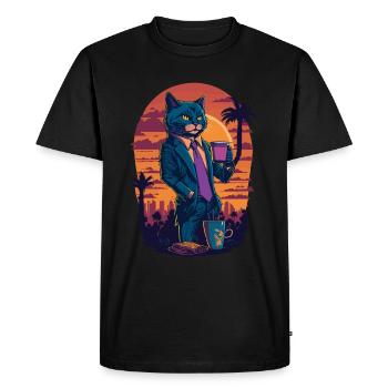 Illustration des années 80 d’un chat avec une tasse de café - T-shirt Premium bio Homme - noir - Devant - Nico (187cm)