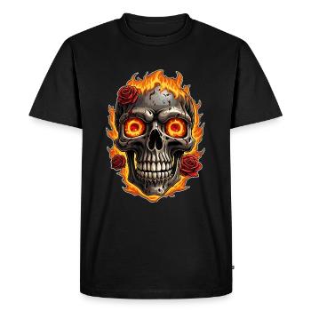 Crâne avec du feu et des roses rouges Crâne ardent - T-shirt Premium bio Homme - noir - Devant - Nico (187cm)