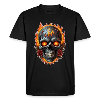 Crâne avec du feu et des roses rouges Crâne ardent - T-shirt Premium bio Homme - noir - Devant - Nico (187cm)