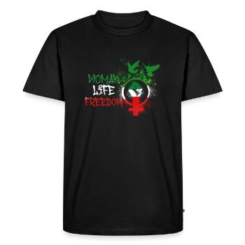 Femme Vie Liberté, Oiseaux,Iran,Drapeau - T-shirt Premium bio Homme - noir - Devant - Nico (187cm)