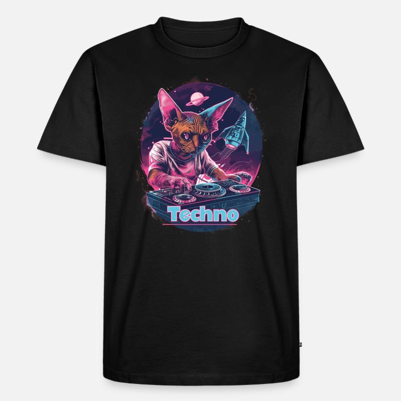 Techno DJ Rave Space Cat - Männer Premium Bio T-Shirt - Schwarz
