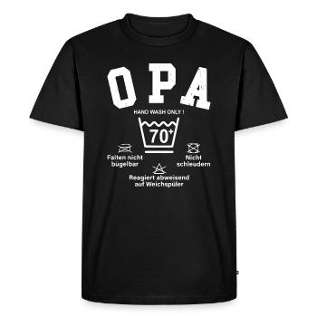 OPA - 70+ funny washing instructions - Men's Premium Organic T-Shirt - black - Front - Nico (187cm)