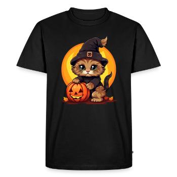 Halloween Cat: Witch in Sunset with Pumpkin - Men's Premium Organic T-Shirt - black - Front - Nico (187cm)