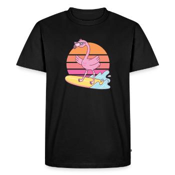 Drôle de Flamingo Surf sur planche de surf Coucher de soleil - T-shirt Premium bio Homme - noir - Devant - Nico (187cm)