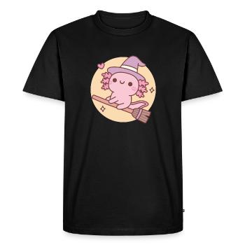 Cute Axolotl Witch On Flying Broom Over The Moon - Men's Premium Organic T-Shirt - black - Front - Nico (187cm)