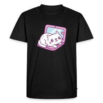Cute White Cat Resting On Laptop Funny - Men's Premium Organic T-Shirt - black - Front - Nico (187cm)