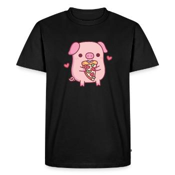 Mignon petit cochon mangeant de la pizza Margherita - T-shirt Premium bio Homme - noir - Devant - Nico (187cm)