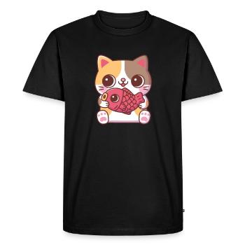 Cute Cat With Red Carp Fish - Men's Premium Organic T-Shirt - black - Front - Nico (187cm)