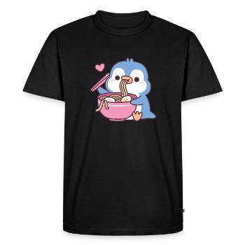 Cute Blue Penguin Loves Eating Ramen Noodles - Men's Premium Organic T-Shirt - black - Front - Nico (187cm)